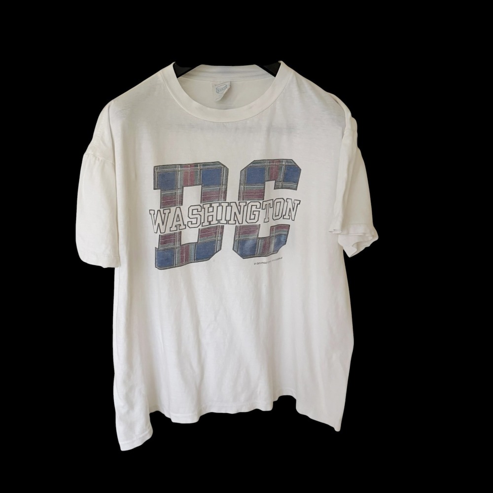 90's Vintage DC Washington Plaid T-Shirt White Short Sleeve Crew Neck Tee
